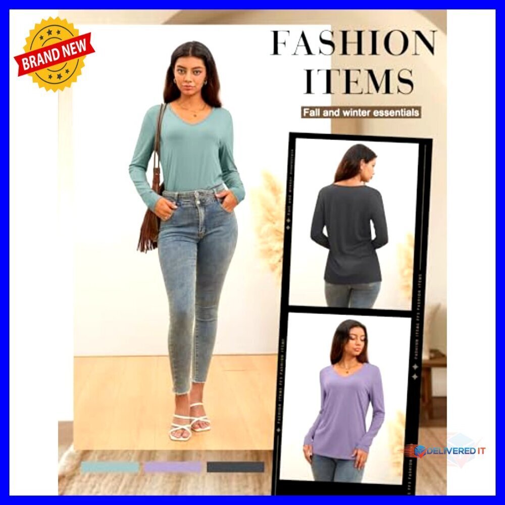 Long Sleeve V Neck Tops Loose Fit Casual Minimal Chic Fall Basic Tees - Picture 6 of 7